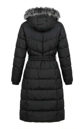 Fur-lined Hooded Puffer Jacket With Belt 6135-03 Black 6135-03