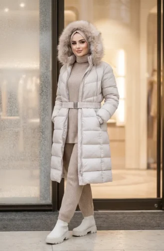 Gefütterte Steppjacke Mit Kapuze Und Gürtel Beige 6135-04 6135-04