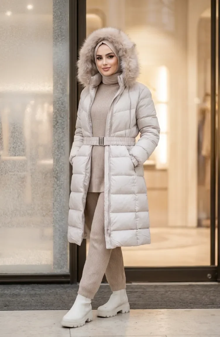 Gefütterte Steppjacke Mit Kapuze Und Gürtel Beige 6135-04 6135-04