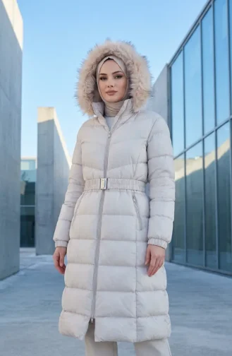 Gefütterte Steppjacke Mit Kapuze Und Gürtel Beige 6135-04 6135-04