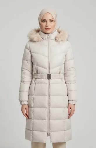 Gefütterte Steppjacke Mit Kapuze Und Gürtel Beige 6135-04 6135-04