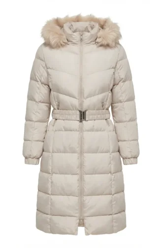 Gefütterte Steppjacke Mit Kapuze Und Gürtel Beige 6135-04 6135-04