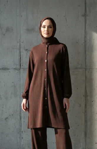 طقم حجاب كامل الطول بأزرار، قطعتين، بني اللون، 2232-04 2232-04