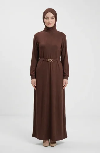 Geripptes Hijab-Kleid Mit Gürtel 2226-01 Braun 2226-01