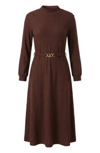 Geripptes Hijab-Kleid Mit Gürtel 2226-01 Braun 2226-01