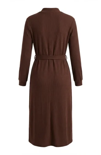 Geripptes Hijab-Kleid Mit Gürtel 2226-01 Braun 2226-01
