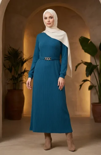 Ribbed Belted Hijab Dress 2226-03 Petrol 2226-03