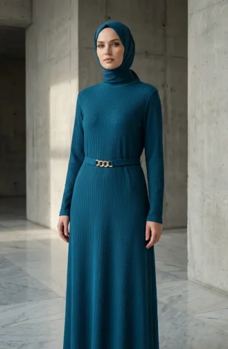 Ribbed Belted Hijab Dress 2226-03 Petrol 2226-03