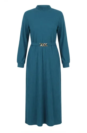 Ribbed Belted Hijab Dress 2226-03 Petrol 2226-03