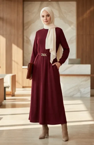 Geripptes Hijab-Kleid Mit Gürtel 2226-05 Burgunderrot 2226-05