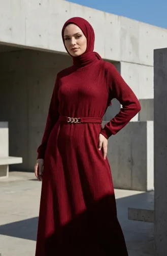 Geripptes Hijab-Kleid Mit Gürtel 2226-05 Burgunderrot 2226-05