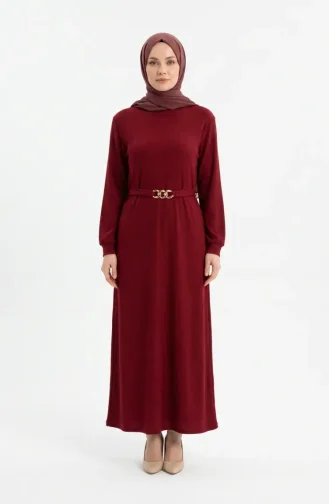 Geripptes Hijab-Kleid Mit Gürtel 2226-05 Burgunderrot 2226-05