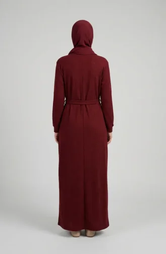 Geripptes Hijab-Kleid Mit Gürtel 2226-05 Burgunderrot 2226-05