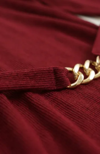 Geripptes Hijab-Kleid Mit Gürtel 2226-05 Burgunderrot 2226-05