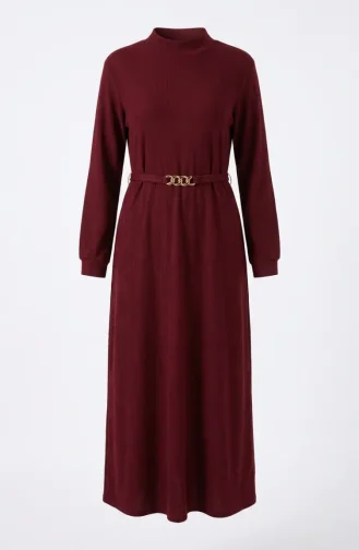 Geripptes Hijab-Kleid Mit Gürtel 2226-05 Burgunderrot 2226-05