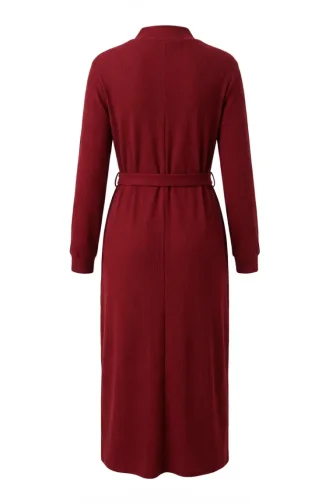Geripptes Hijab-Kleid Mit Gürtel 2226-05 Burgunderrot 2226-05