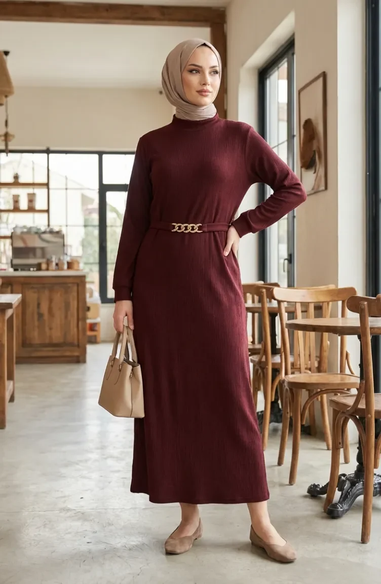Geripptes Hijab-Kleid Mit Gürtel 2226-07 Pflaume 2226-07