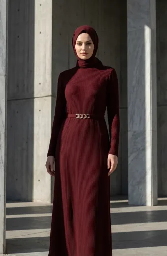 Geripptes Hijab-Kleid Mit Gürtel 2226-07 Pflaume 2226-07