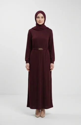 Geripptes Hijab-Kleid Mit Gürtel 2226-07 Pflaume 2226-07