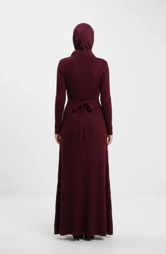 Geripptes Hijab-Kleid Mit Gürtel 2226-07 Pflaume 2226-07