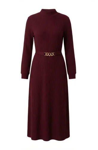 Geripptes Hijab-Kleid Mit Gürtel 2226-07 Pflaume 2226-07
