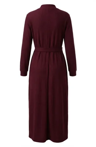 Geripptes Hijab-Kleid Mit Gürtel 2226-07 Pflaume 2226-07