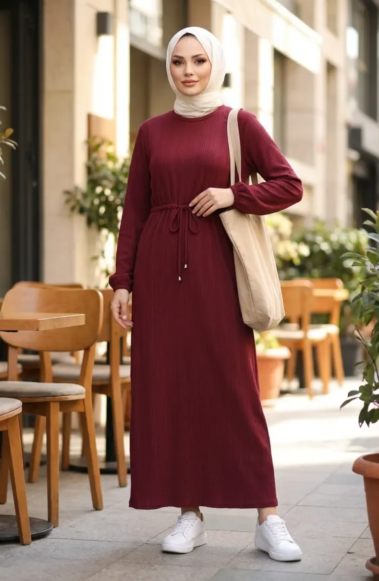 Robe Hijab à Taille Côtelée 2227-01 Bordeaux 2227-01