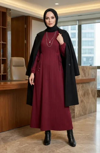 Robe Hijab à Taille Côtelée 2227-01 Bordeaux 2227-01