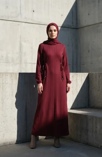 Robe Hijab à Taille Côtelée 2227-01 Bordeaux 2227-01