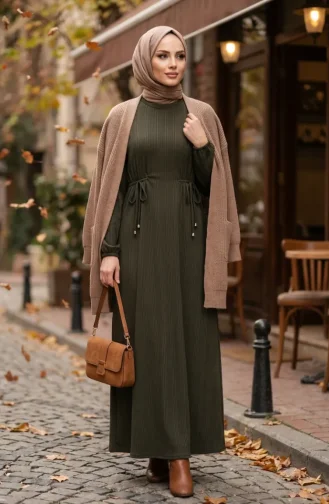 Robe Hijab à Taille Côtelée 2227-02 Kaki 2227-02