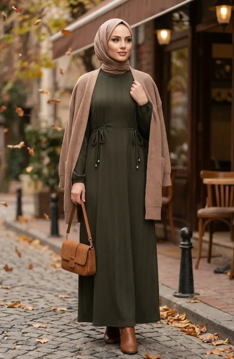 Robe Hijab à Taille Côtelée 2227-02 Kaki 2227-02