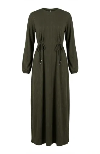Robe Hijab à Taille Côtelée 2227-02 Kaki 2227-02
