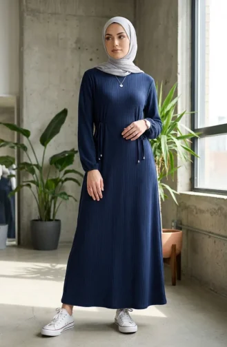 Robe Hijab à Taille Côtelée 2227-04 Bleu Marine 2227-04