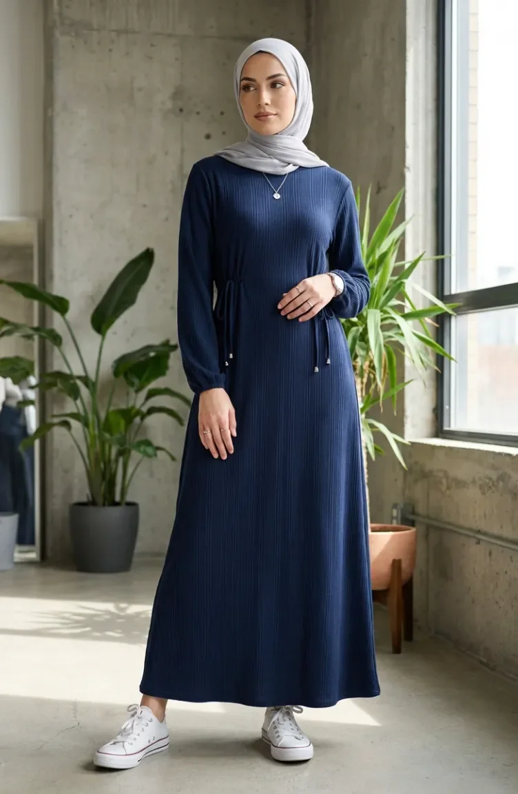 Robe Hijab à Taille Côtelée 2227-04 Bleu Marine 2227-04