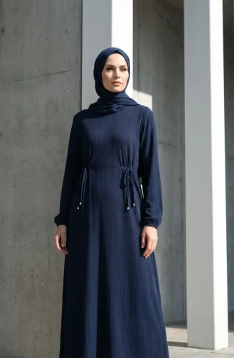 Robe Hijab à Taille Côtelée 2227-04 Bleu Marine 2227-04