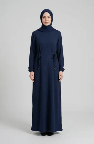 Robe Hijab à Taille Côtelée 2227-04 Bleu Marine 2227-04