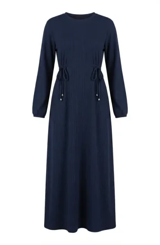 Robe Hijab à Taille Côtelée 2227-04 Bleu Marine 2227-04