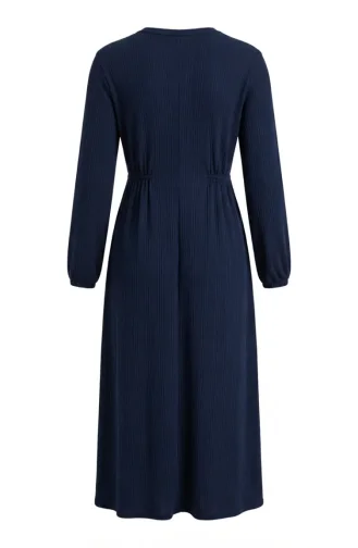Robe Hijab à Taille Côtelée 2227-04 Bleu Marine 2227-04