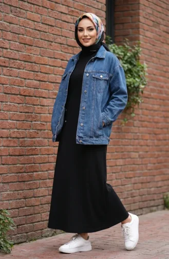 Geripptes Hijab-Kleid Mit Taille 2227-05 Schwarz 2227-05