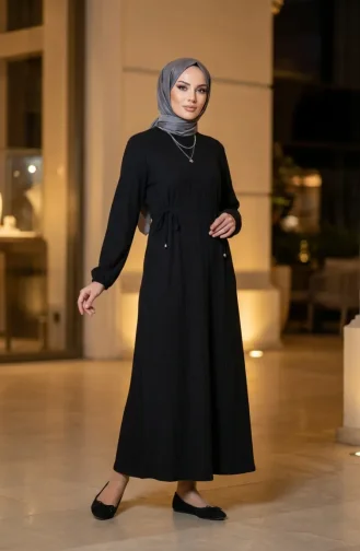 Geripptes Hijab-Kleid Mit Taille 2227-05 Schwarz 2227-05