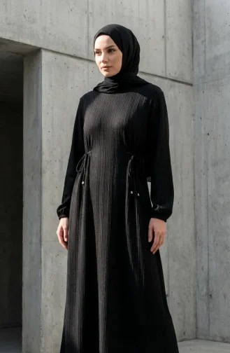Geripptes Hijab-Kleid Mit Taille 2227-05 Schwarz 2227-05