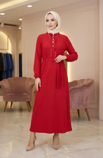 Robe Hijab à Ceinture Et Détails à Pompons 2229-01 Rouge 2229-01