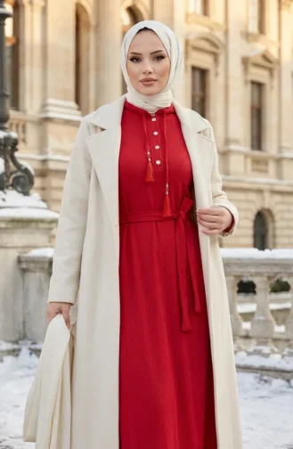 Robe Hijab à Ceinture Et Détails à Pompons 2229-01 Rouge 2229-01
