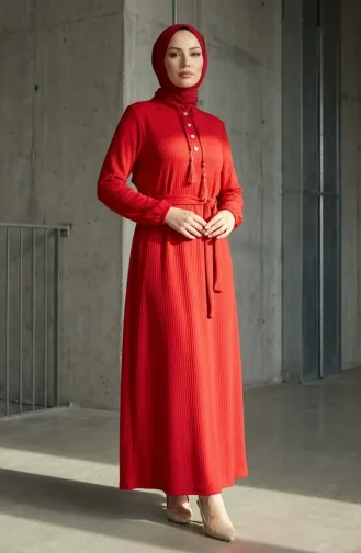 Robe Hijab à Ceinture Et Détails à Pompons 2229-01 Rouge 2229-01