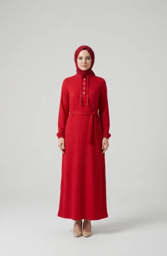 Robe Hijab à Ceinture Et Détails à Pompons 2229-01 Rouge 2229-01