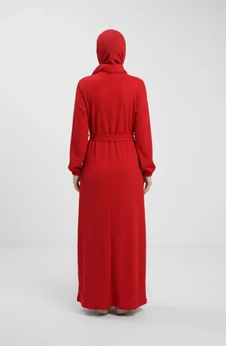 Robe Hijab à Ceinture Et Détails à Pompons 2229-01 Rouge 2229-01