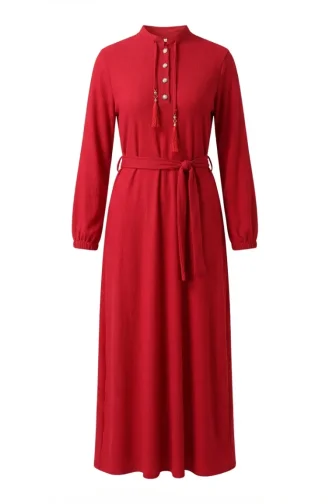Robe Hijab à Ceinture Et Détails à Pompons 2229-01 Rouge 2229-01