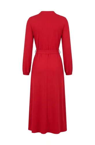 Robe Hijab à Ceinture Et Détails à Pompons 2229-01 Rouge 2229-01