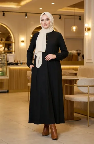 Robe Sobre à Col Mandarin Côtelé Et Boutons 2230-02 Noire 2230-02