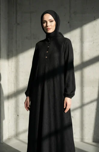Robe Sobre à Col Mandarin Côtelé Et Boutons 2230-02 Noire 2230-02